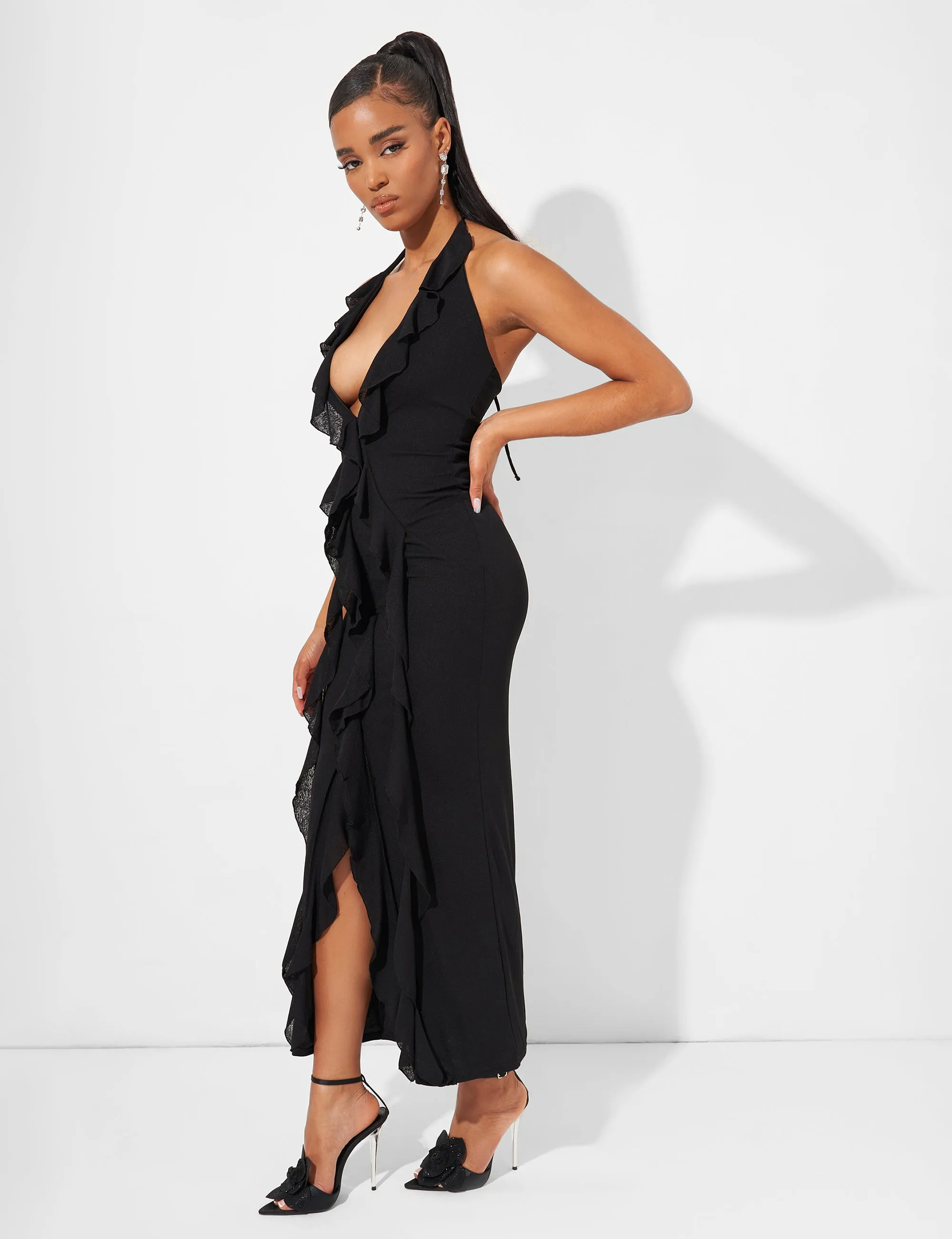 Ruffle Detail Deep Plunge Maxi Dress in Black sold by Public Desire product image thumbnail 3