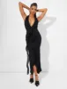 Ruffle Detail Deep Plunge Maxi Dress in Black sold by Public Desire