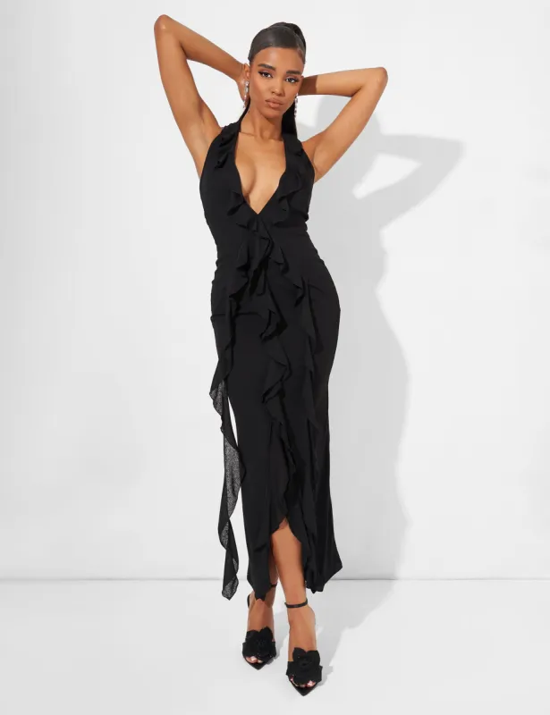 Ruffle Detail Deep Plunge Maxi Dress in Black sold by Public Desire