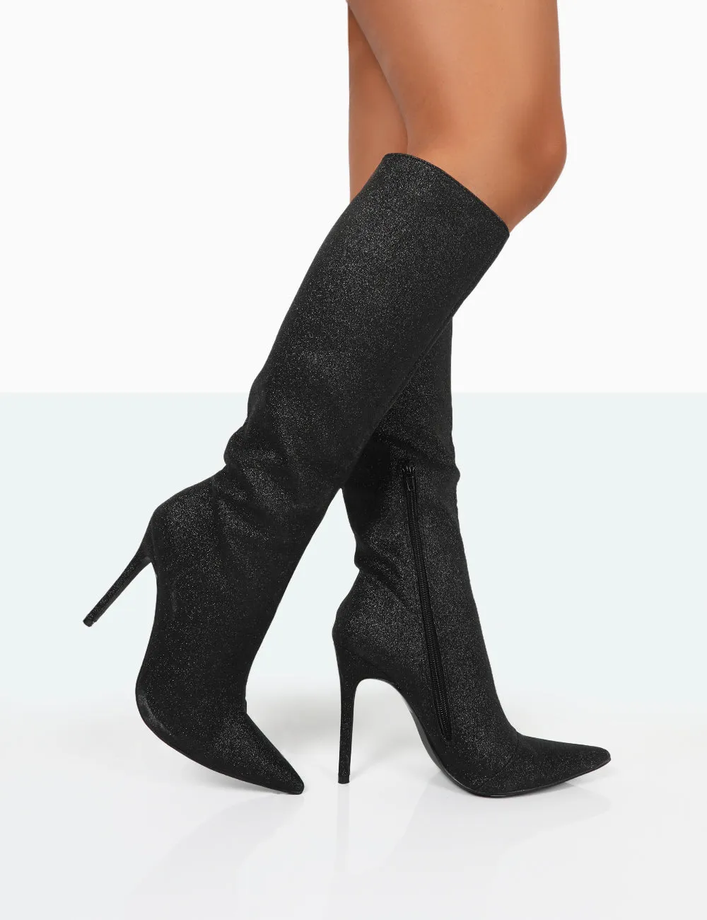 Diva Black Glitter Pointed Toe Stiletto Knee High Boots sold by Public Desire