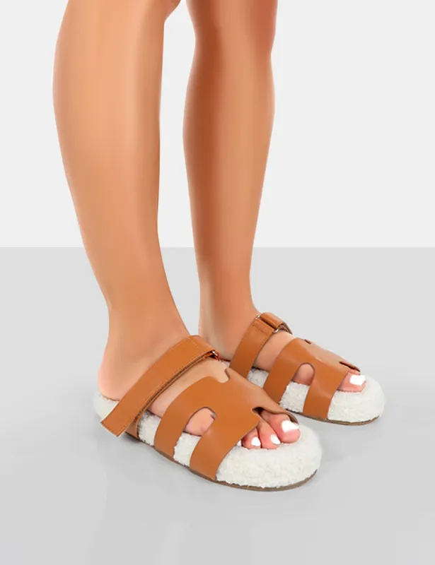 Hot Fuzz Ecru Borg Cut Out Flat Sandals sold by Public Desire