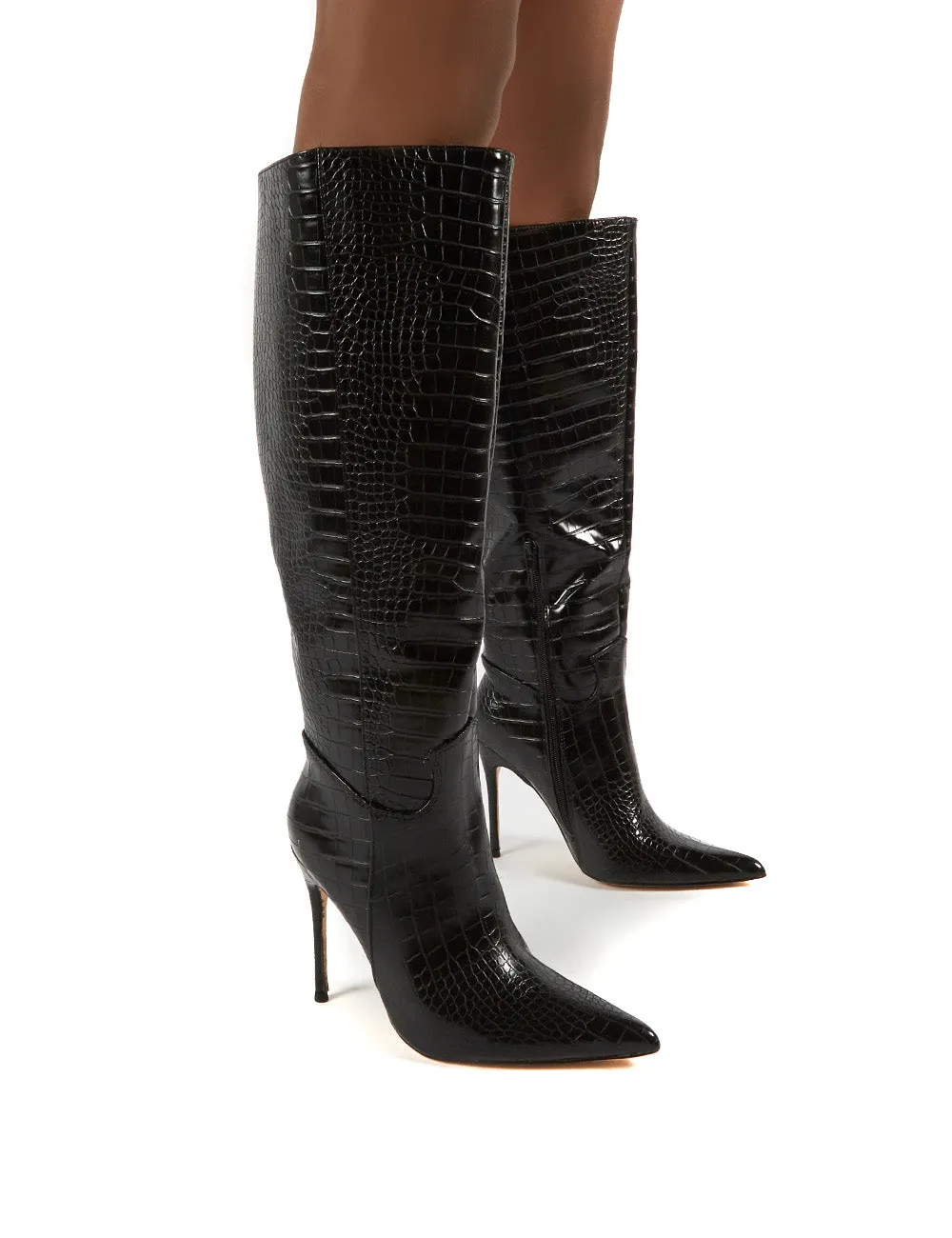 Go Wide Fit Black Knee High Pointed Toe Stiletto Heeled Boots sold by Public Desire