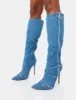 Worthy Blue Denim Studded Zip Detail Pointed Stiletto Knee High Boots sold by Public Desire