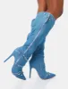 Worthy Blue Denim Studded Zip Detail Pointed Stiletto Knee High Boots sold by Public Desire