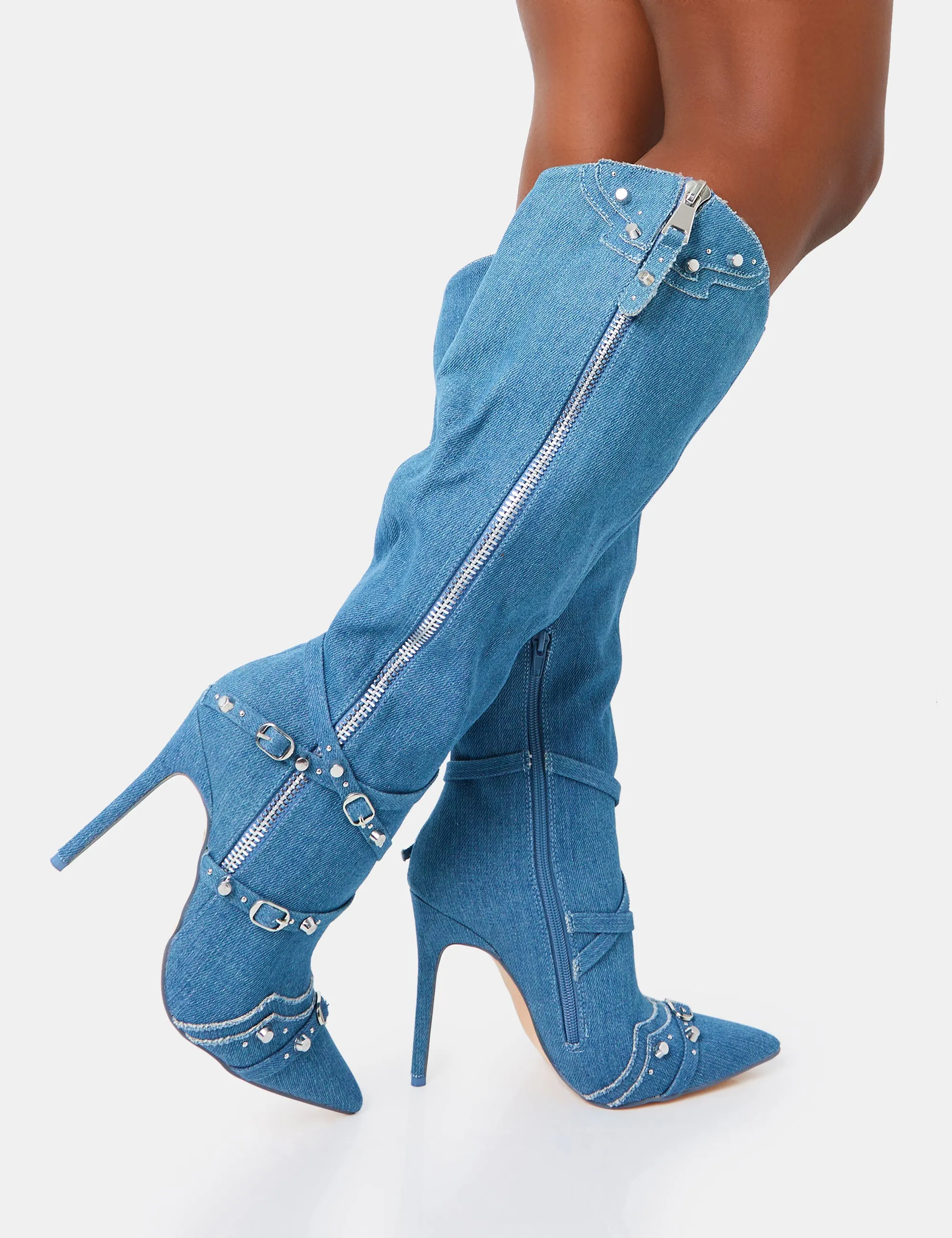 Worthy Blue Denim Studded Zip Detail Pointed Stiletto Knee High Boots sold by Public Desire product image thumbnail 2