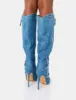 Worthy Blue Denim Studded Zip Detail Pointed Stiletto Knee High Boots sold by Public Desire