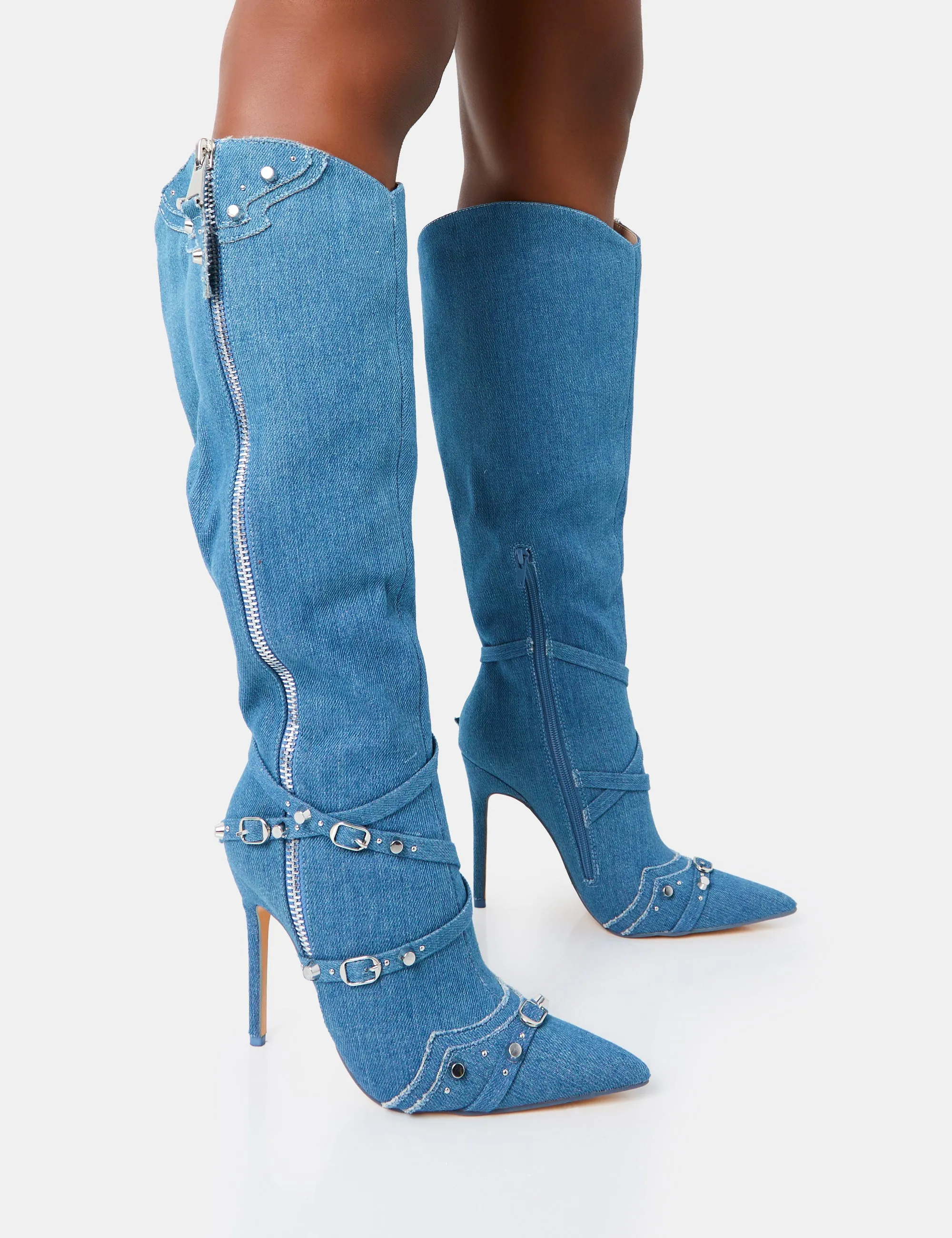 Worthy Blue Denim Studded Zip Detail Pointed Stiletto Knee High Boots sold by Public Desire