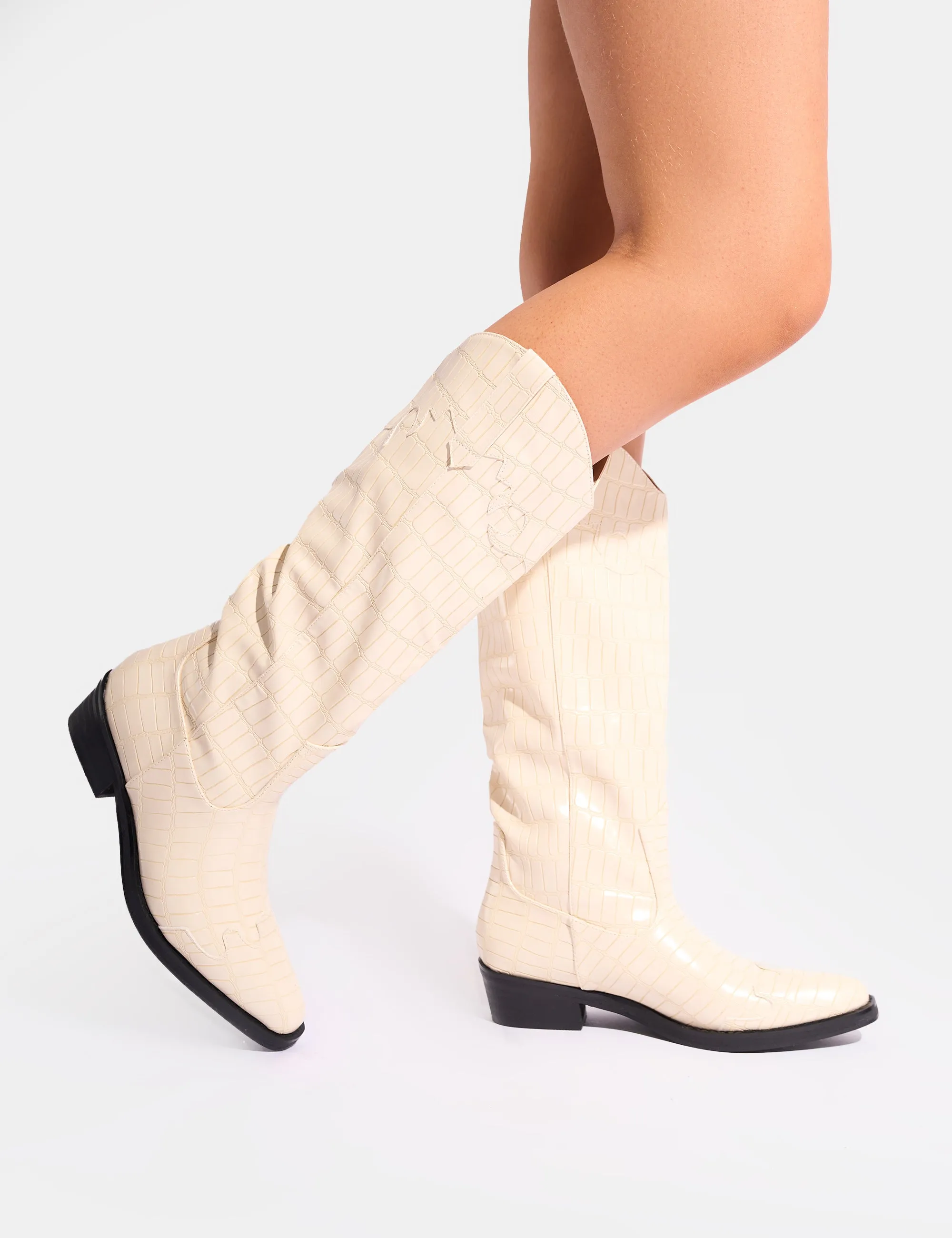 Apollo Cream Stitch Flat Western Knee High Boots sold by Public Desire product image thumbnail 2