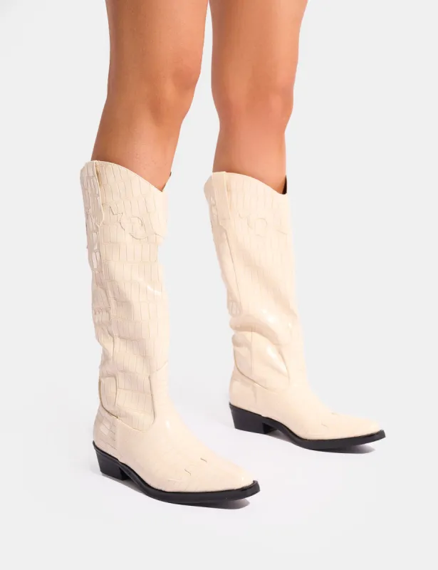 Apollo Cream Stitch Flat Western Knee High Boots made by Public Desire