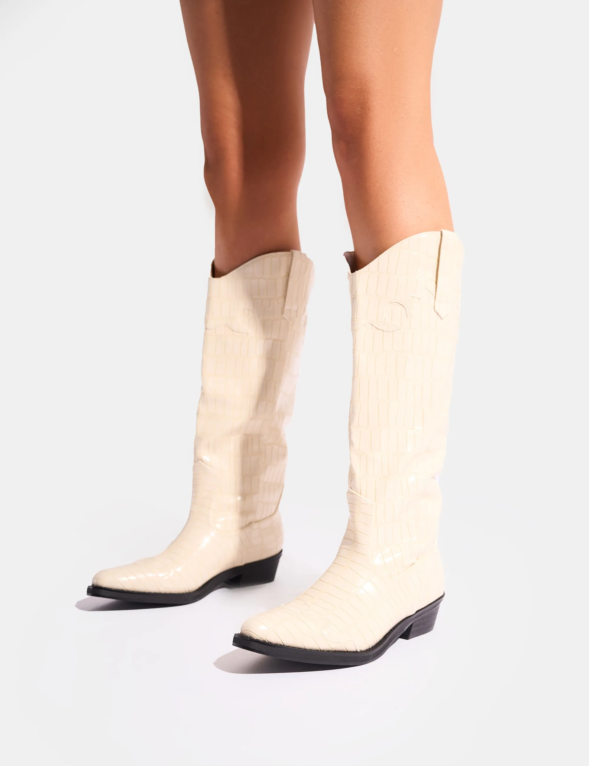 Apollo Cream Stitch Flat Western Knee High Boots sold by Public Desire product image thumbnail 4
