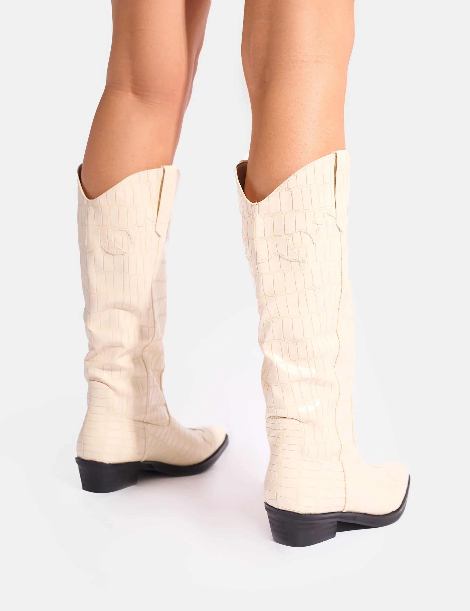 Apollo Cream Stitch Flat Western Knee High Boots sold by Public Desire product image thumbnail 3