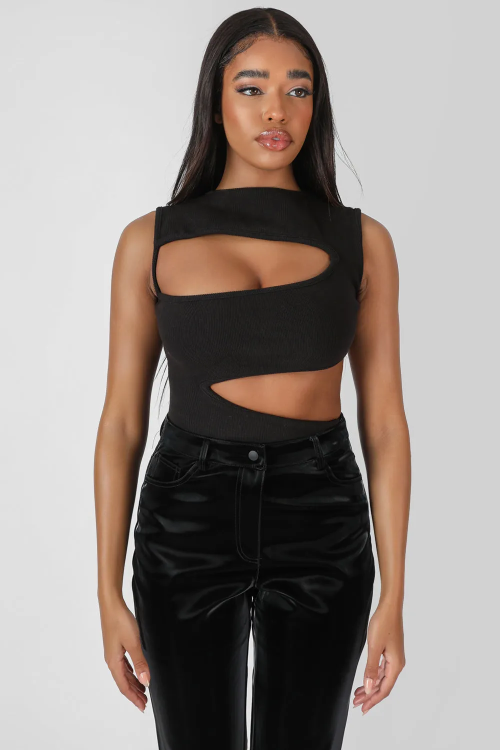 Asymmetric Cut Away Bodysuit Black sold by Public Desire