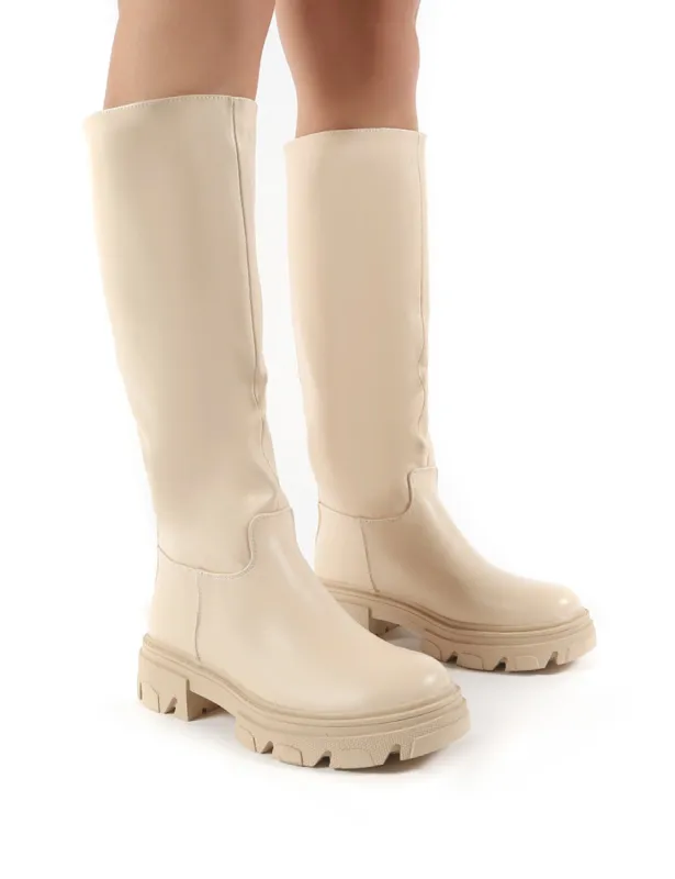 Sabrina Beige Knee High Chunky Sole Boots sold by Public Desire