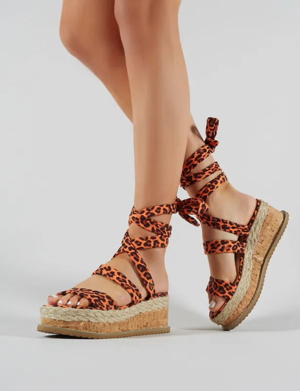 Presca Lace Up Sandals in Orange Leopard Print sold by Public Desire