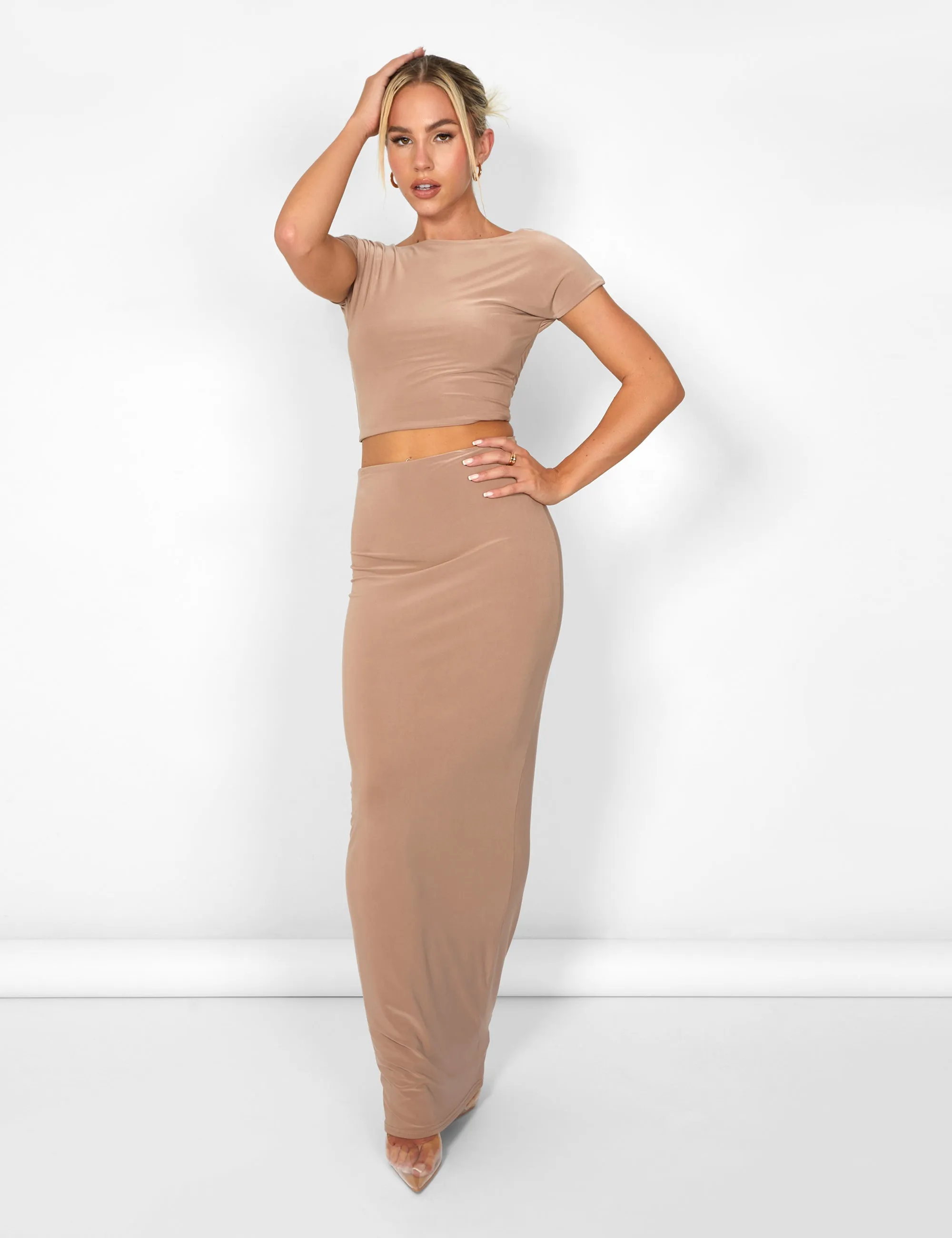 Kaiia Slinky Maxi Skirt Co-ord in Taupe sold by Public Desire product image thumbnail 2