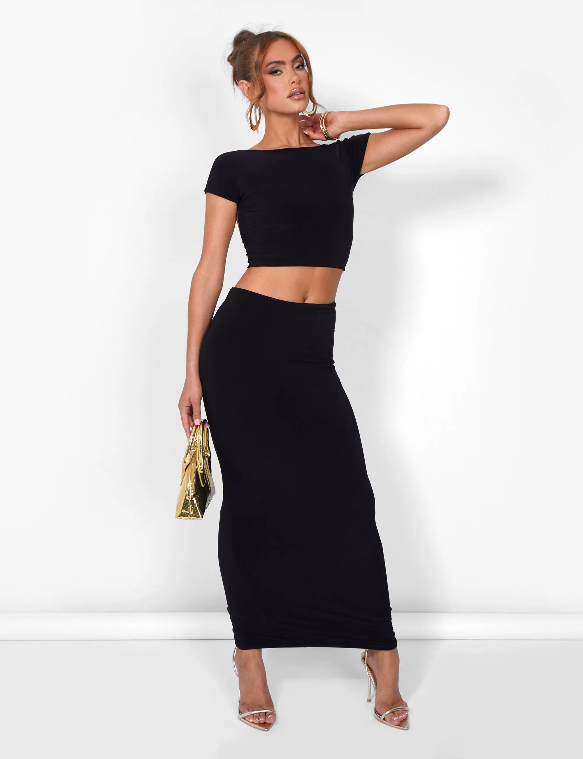 Kaiia Slinky Maxi Skirt Co-ord in Black sold by Public Desire