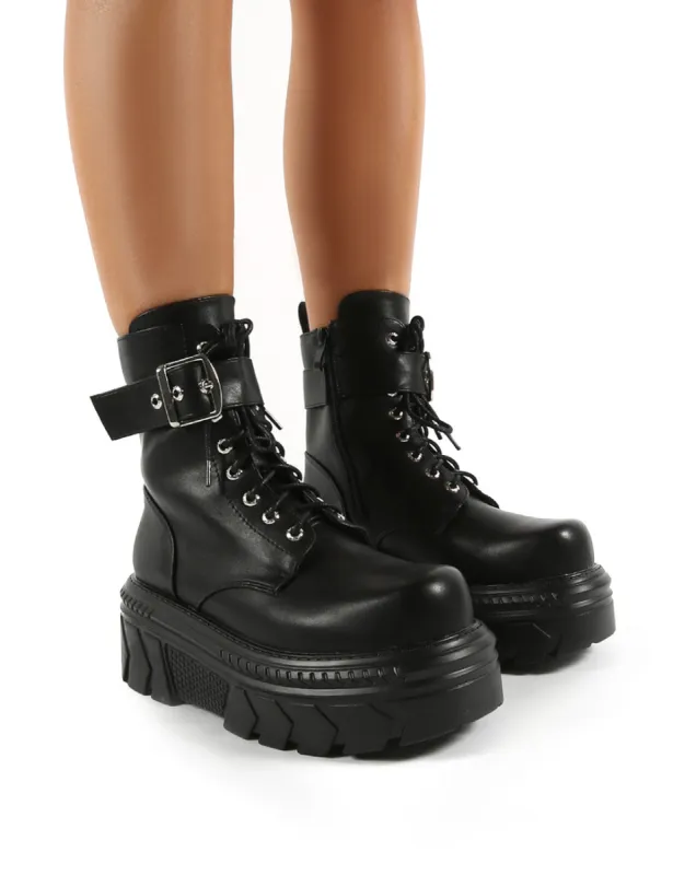 Sparrow Black Buckle Detail Exterme Chunky Platform Ankle Boots sold by Public Desire
