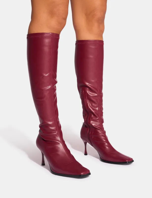 Scorpion Burgundy Mid Heel Sock Knee High Boots sold by Public Desire