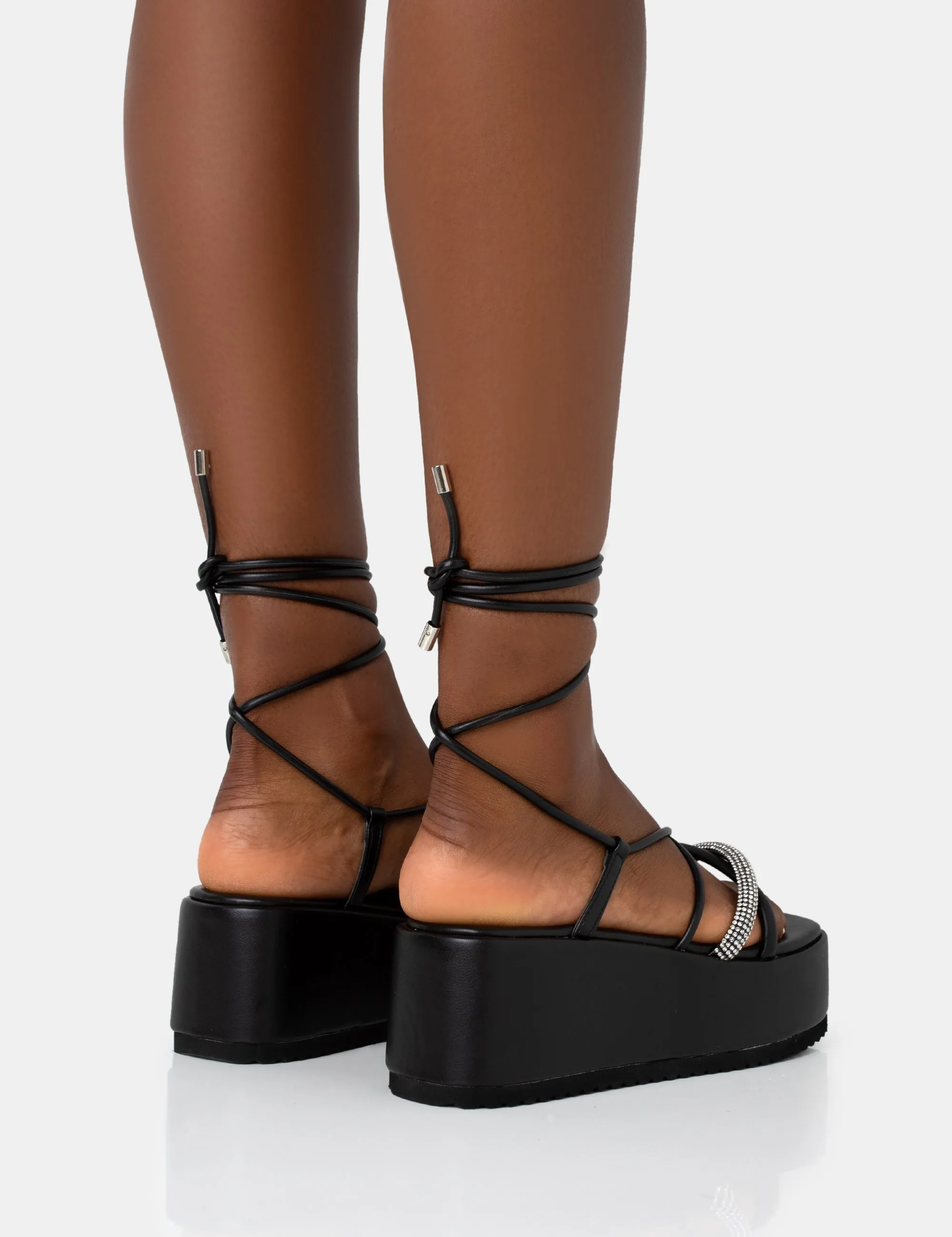 Malia Black Pu Diamante Strap Lace Up Chunky Platform Sandals sold by Public Desire product image thumbnail 4