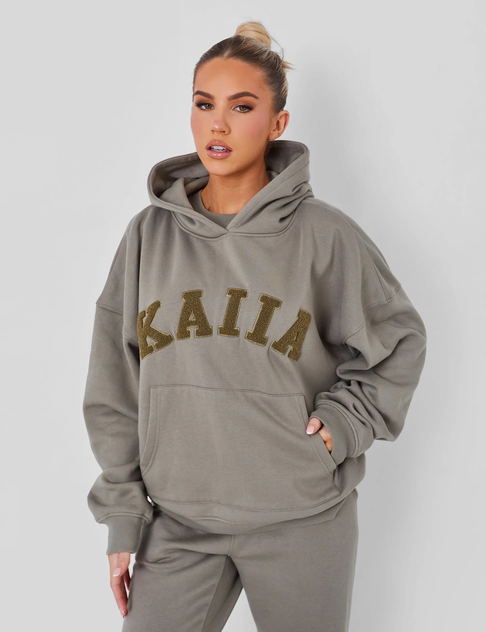 Kaiia Slogan Oversized Hoodie Khaki sold by Public Desire