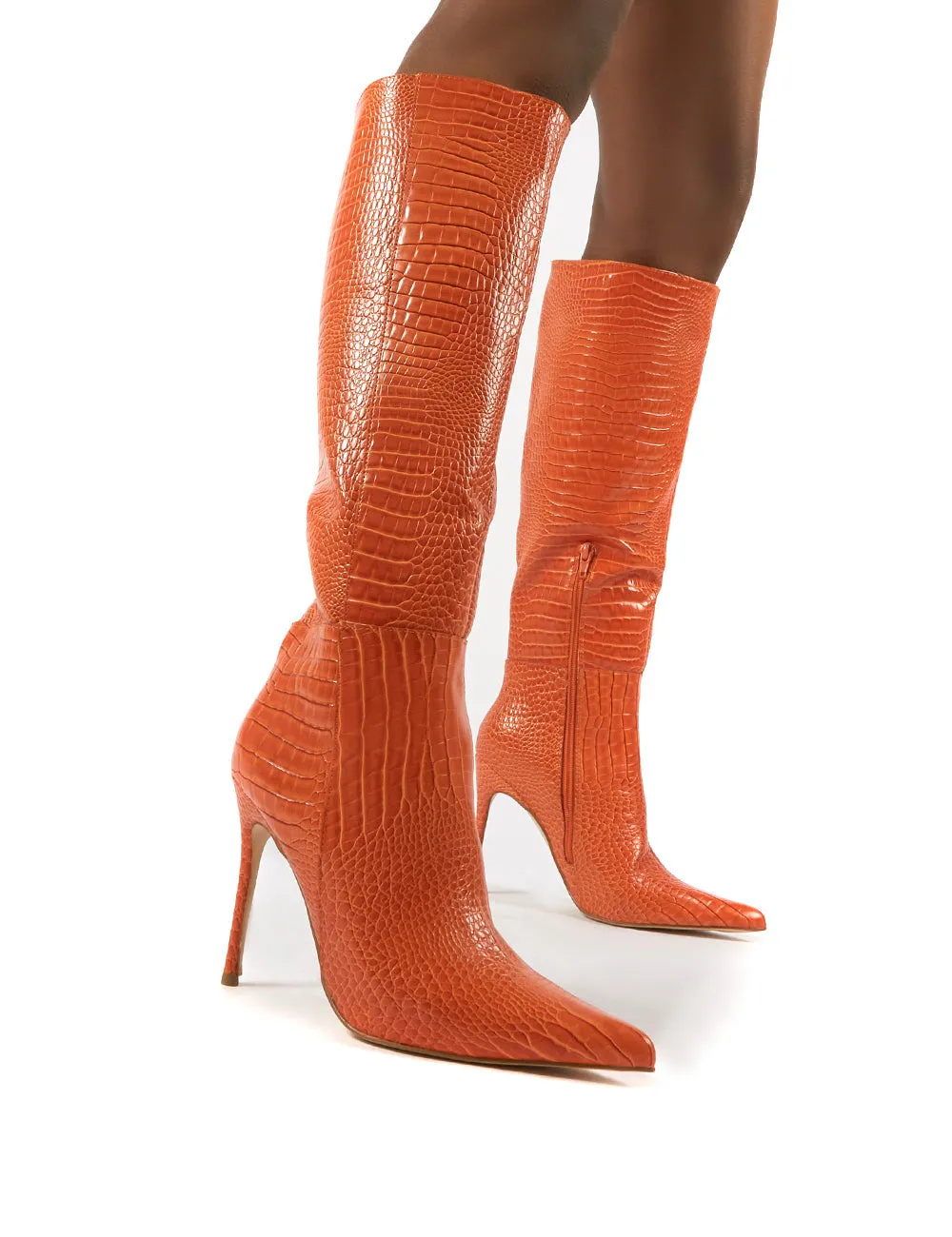 Aimi Orange Croc Knee High Stiletto Heel Boots sold by Public Desire product image thumbnail 3