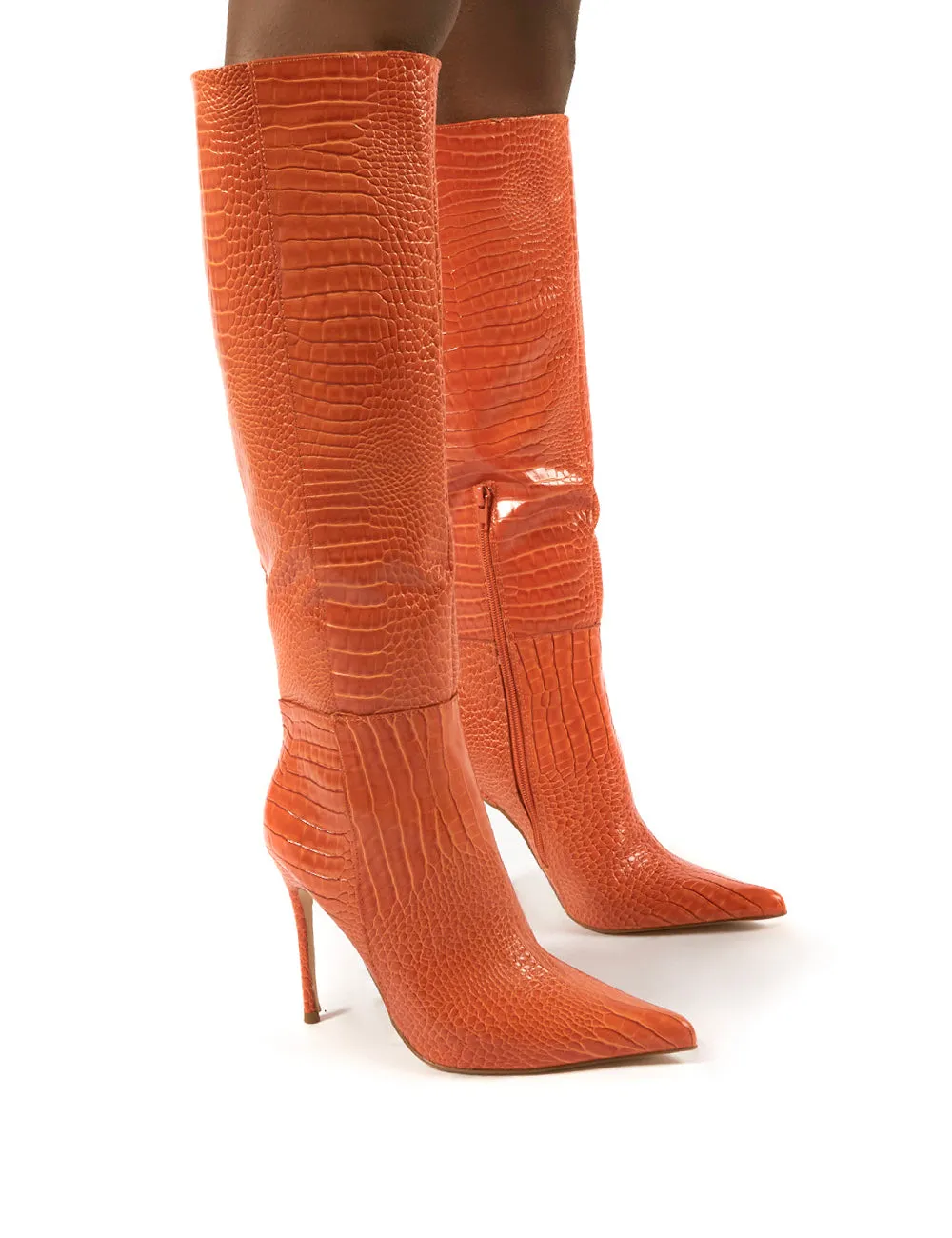 Aimi Orange Croc Knee High Stiletto Heel Boots sold by Public Desire