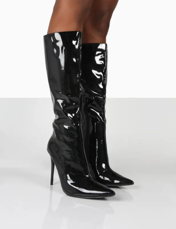 Horizon Wide Fit Black Patent Knee High Boots sold by Public Desire