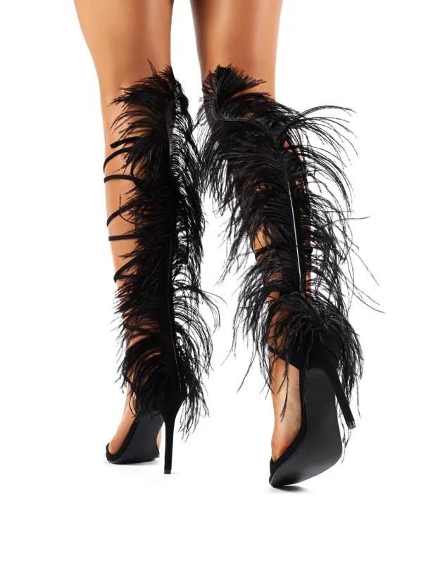 Frolic Black Feather Extreme Lace Up Stiletto High Heels sold by Public Desire