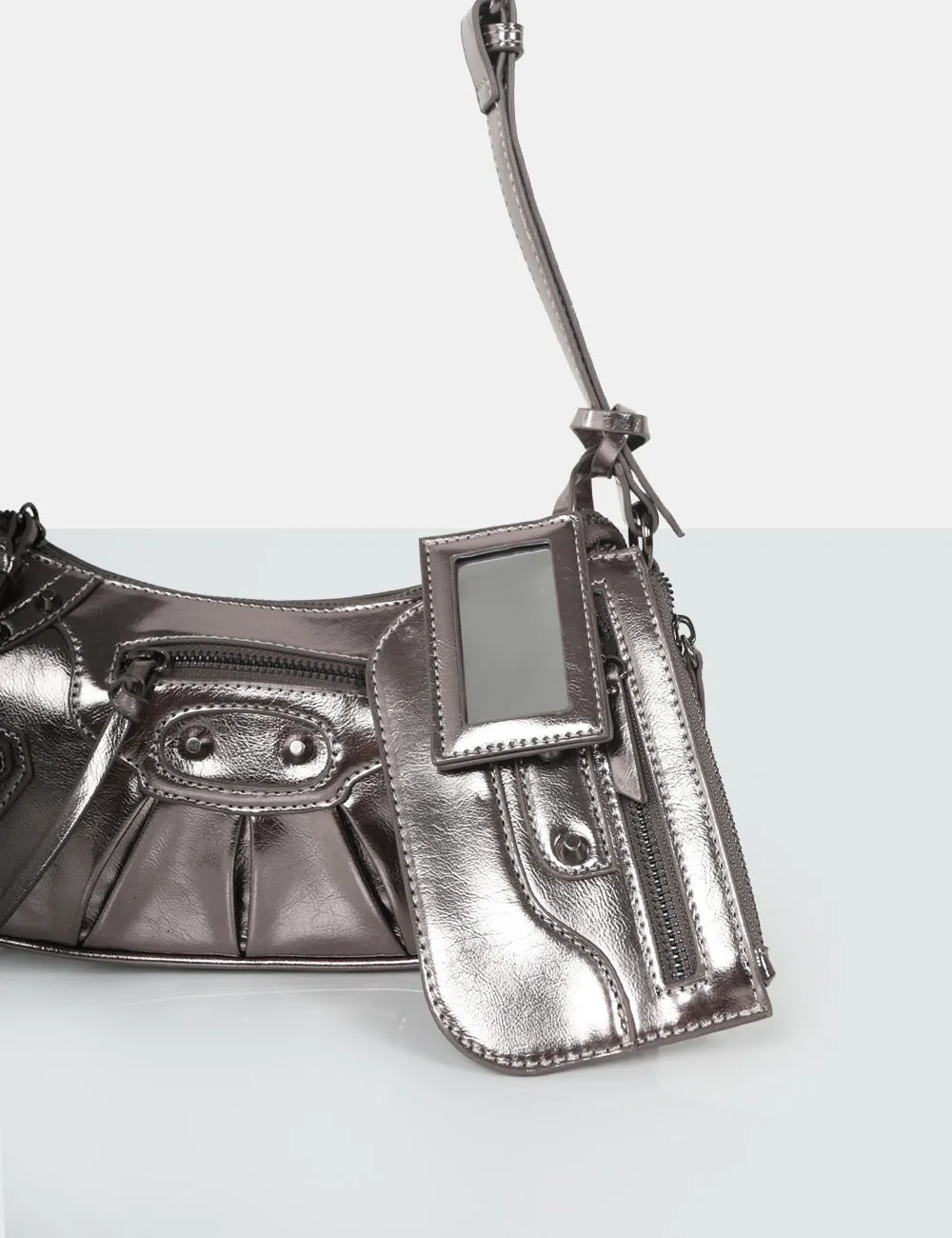 The Trackstar Metallic Grey Pu Studded Mirror Zip Detail Handbag sold by Public Desire product image thumbnail 2