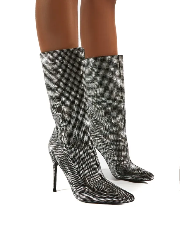 Hustler Black Diamante Detail Knee High Stiletto Heeled Boots sold by Public Desire