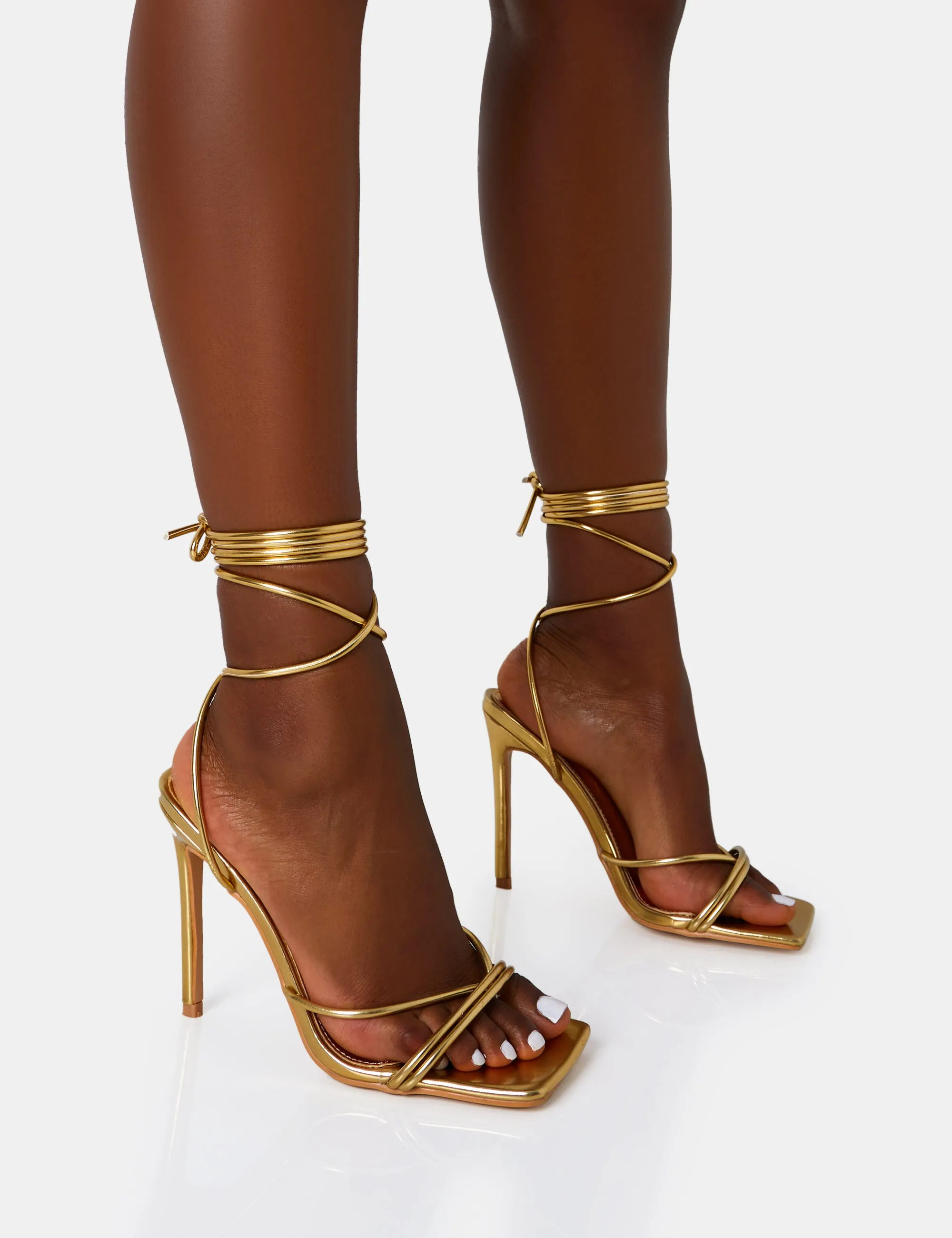 Dax Wide Fit Gold Pu Barely There Lace Up Square Toe Stiletto Heels sold by Public Desire