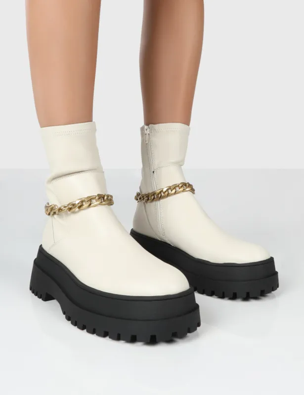 Tessa Cream Platform Chunky Chain Detail Ankle Boots sold by Public Desire