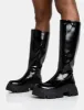 Scorpio Black Rubberised Pu Rounded Toe Chunky Sole Knee High Boots sold by Public Desire