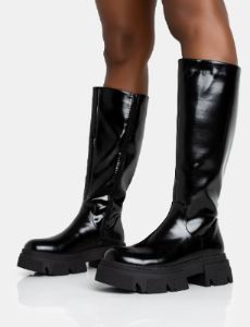Scorpio Black Rubberised Pu Rounded Toe Chucky Sole Knee High Boots sold by Public Desire