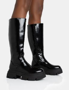 Scorpio Black Rubberised Pu Rounded Toe Chucky Sole Knee High Boots sold by Public Desire