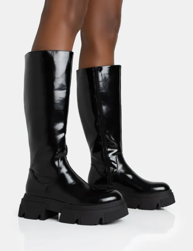 Scorpio Black Rubberised Pu Rounded Toe Chunky Sole Knee High Boots sold by Public Desire