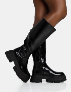 Scorpio Black Rubberised Pu Rounded Toe Chucky Sole Knee High Boots sold by Public Desire