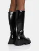 Scorpio Black Rubberised Pu Rounded Toe Chunky Sole Knee High Boots sold by Public Desire