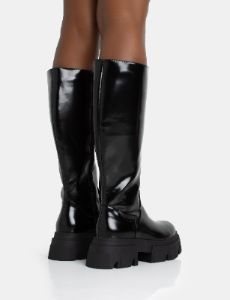 Scorpio Black Rubberised Pu Rounded Toe Chucky Sole Knee High Boots sold by Public Desire