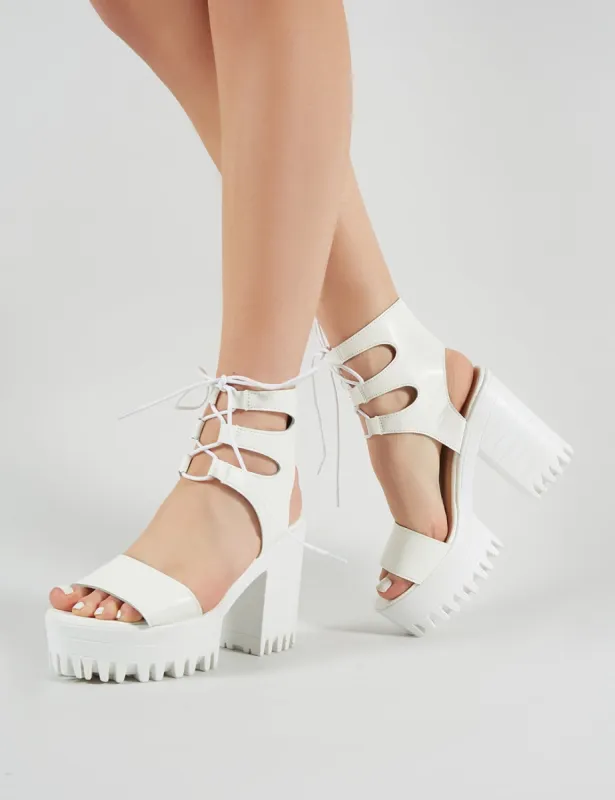 Hailey Lace Up Chunky Heels in White PU sold by Public Desire