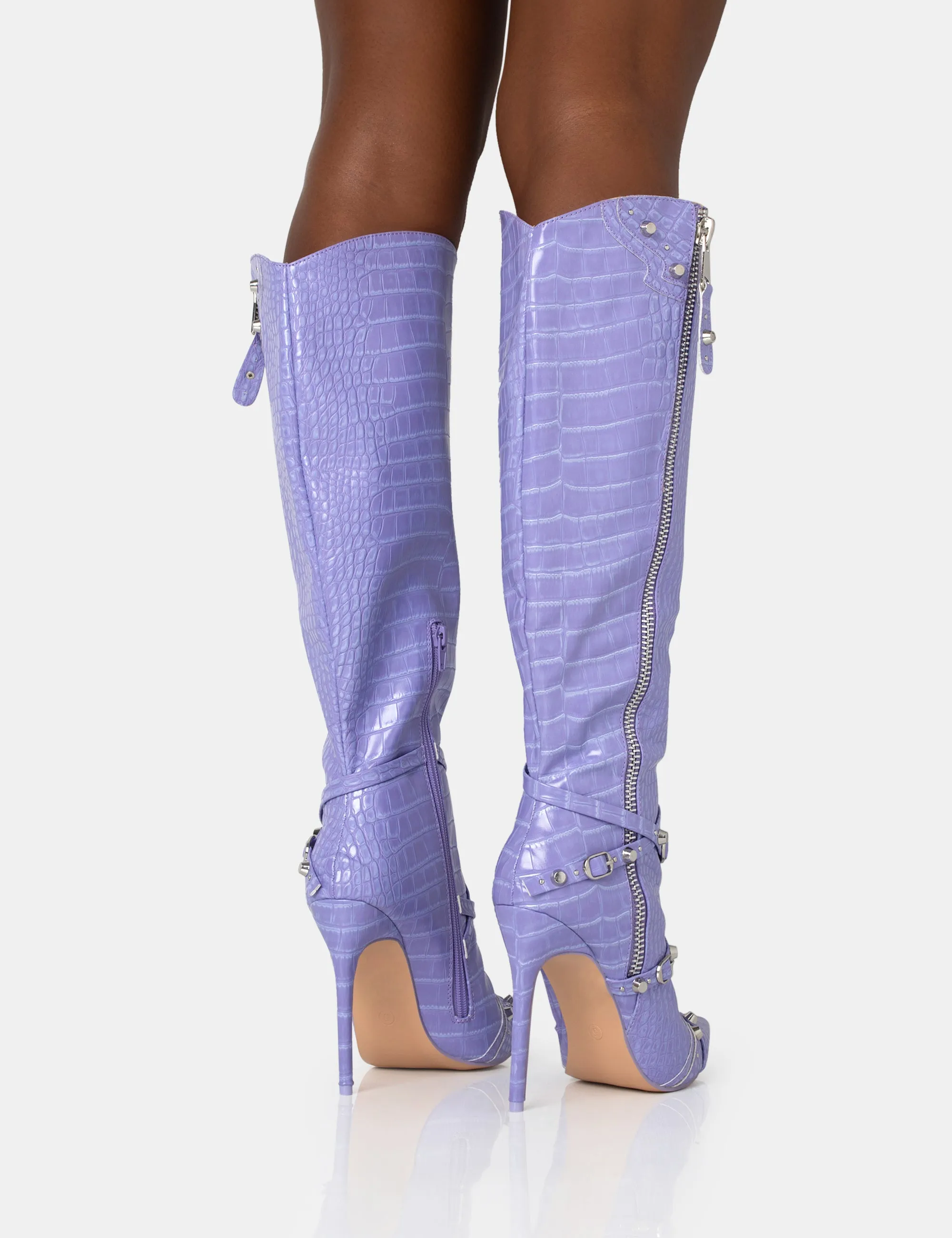 Worthy Lilac Croc Studded Zip Detail Pointed Toe Stiletto Knee High Boots sold by Public Desire product image thumbnail 4