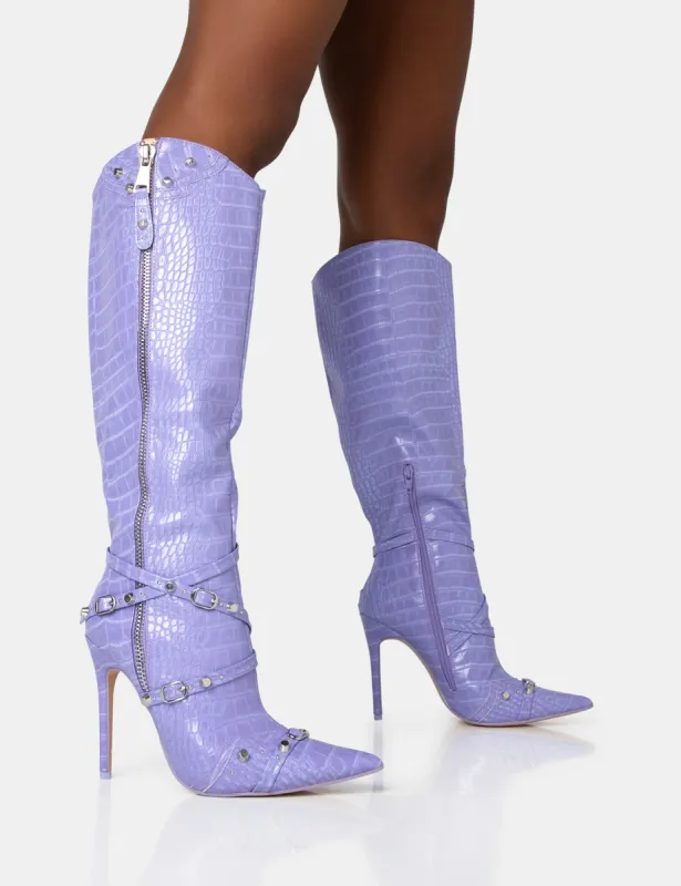 Worthy Lilac Croc Studded Zip Detail Pointed Toe Stiletto Knee High Boots sold by Public Desire