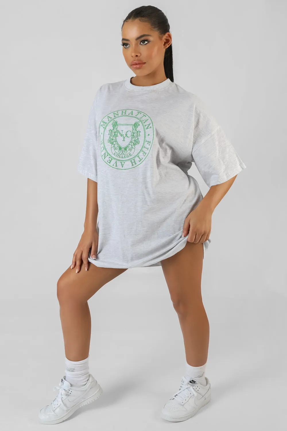 Manhattan Embroidered T-Shirt Dress Oatmeal Marl sold by Public Desire