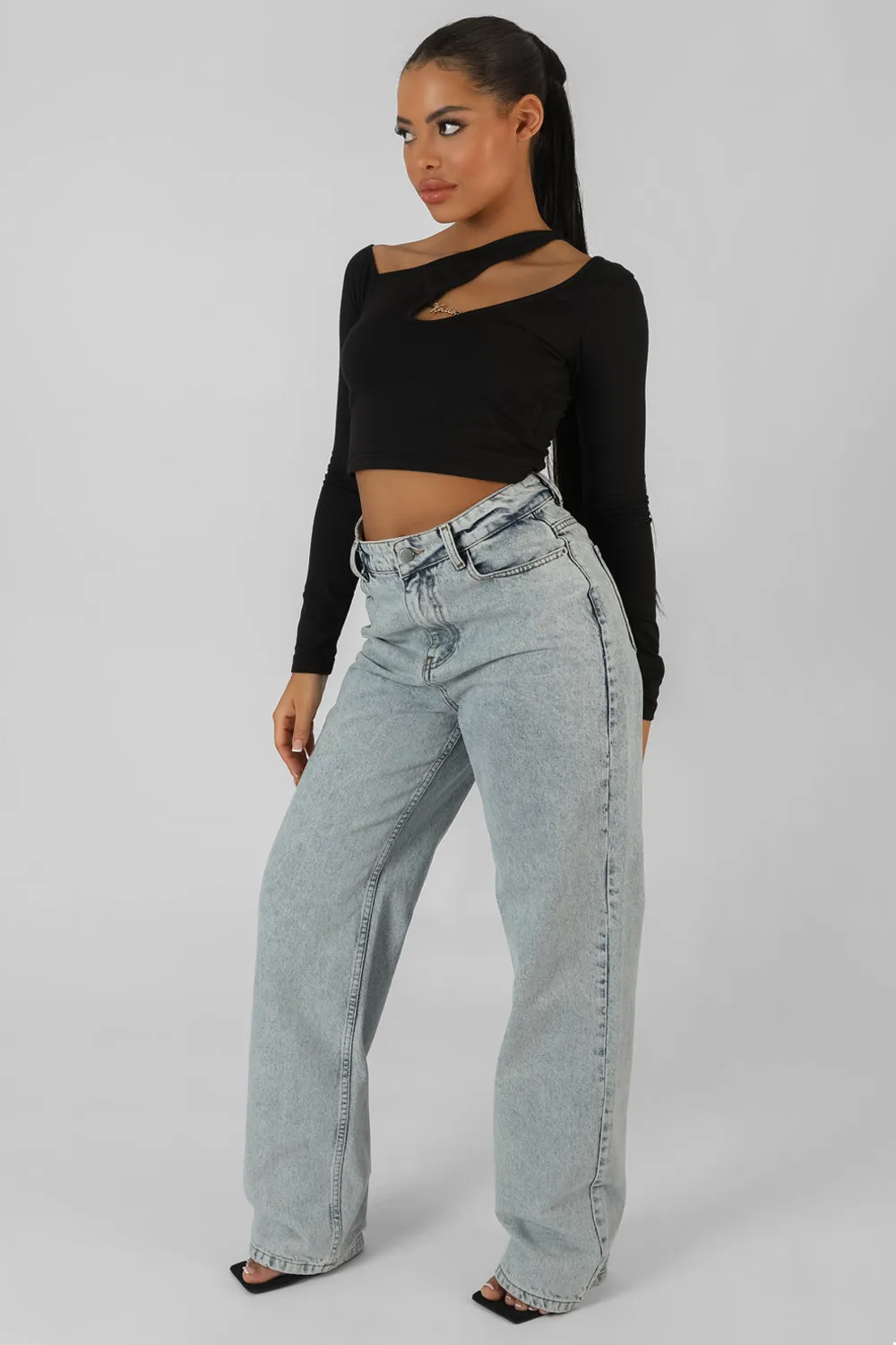 Kaiia Trim Asymmetric Long Sleeve Top Black sold by Public Desire