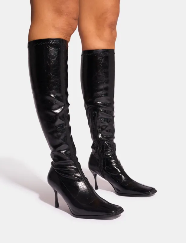 Scorpion Cracked Black Mid Heel Sock Knee High Boots sold by Public Desire