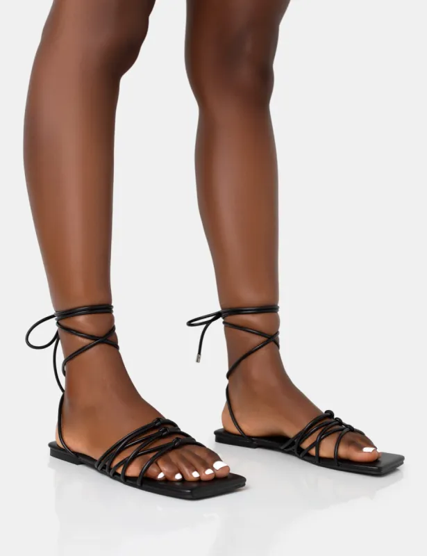 Kelly Black PU Lace Up Flat Square Toe Sandals sold by Public Desire