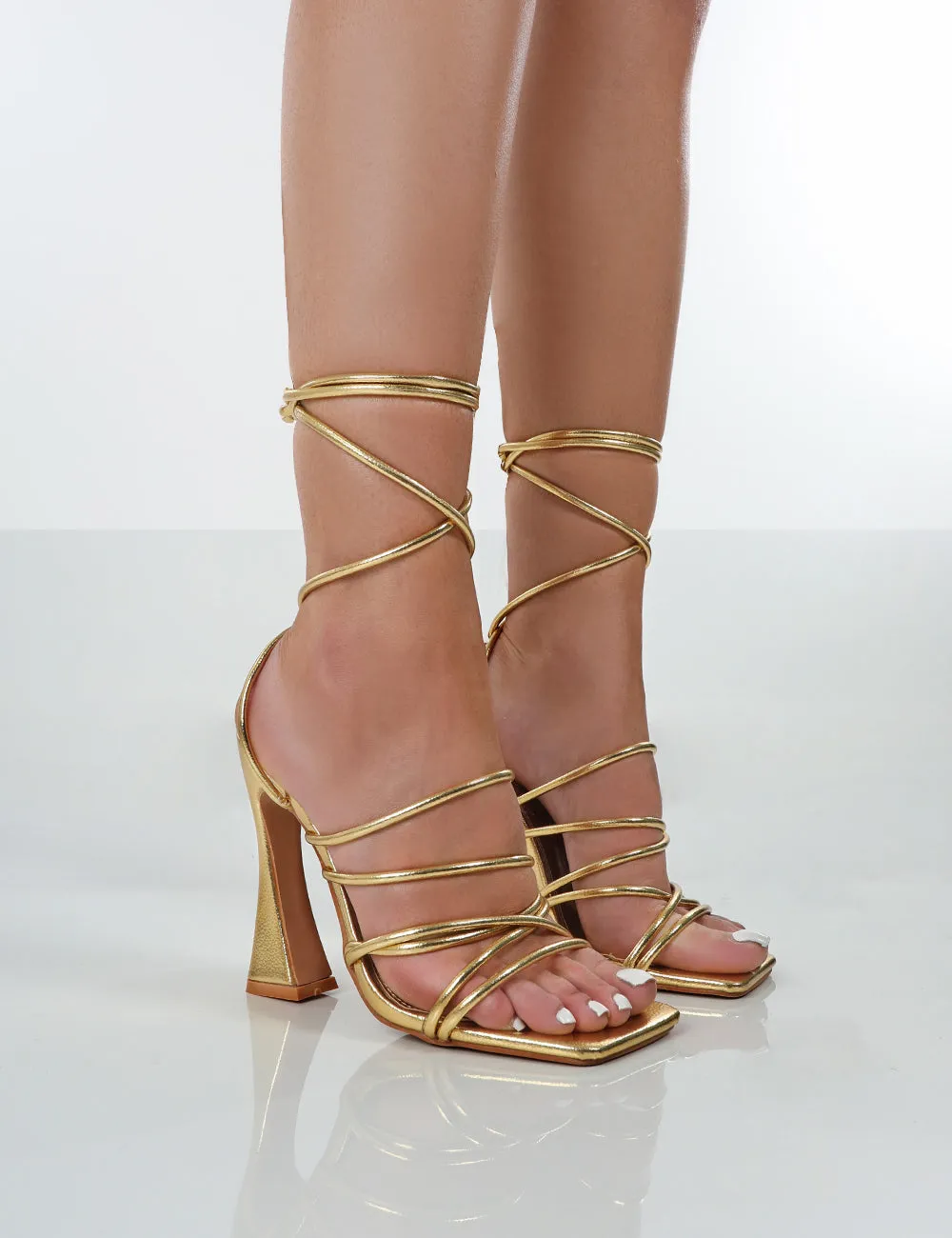 Corrbin Gold Pu Strappy Lace Up Flared Heels sold by Public Desire
