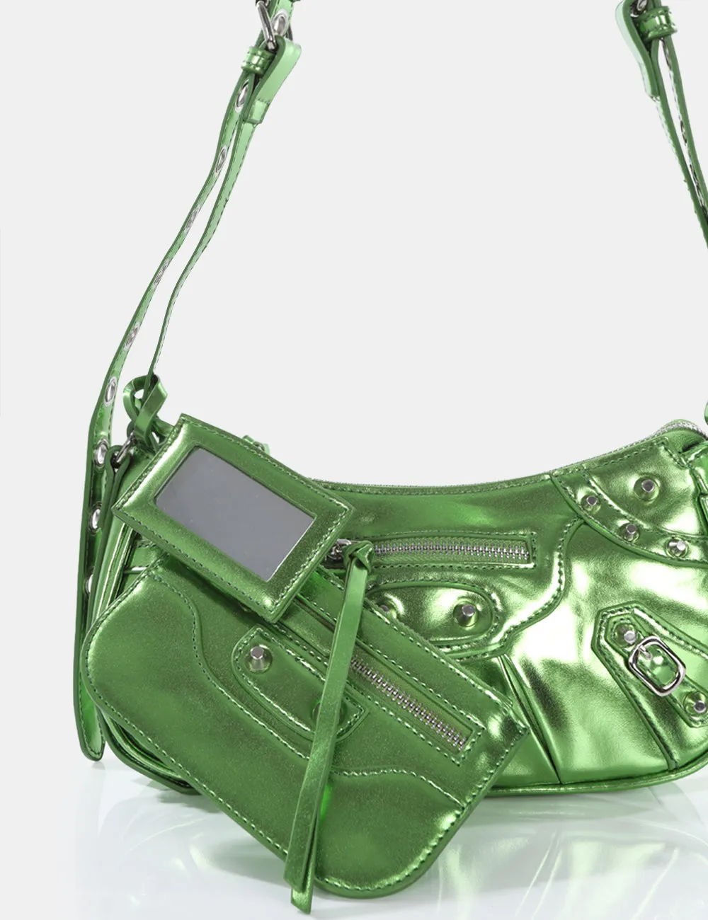 The Trackstar Lime Metallic Pu Studded Mirror Zip Detail Handbag sold by Public Desire product image thumbnail 3