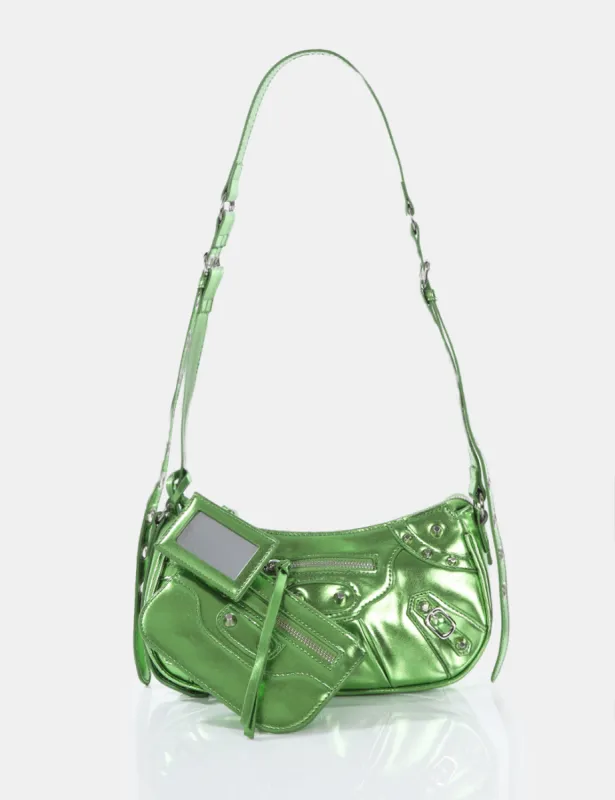 The Trackstar Lime Metallic Pu Studded Mirror Zip Detail Handbag sold by Public Desire