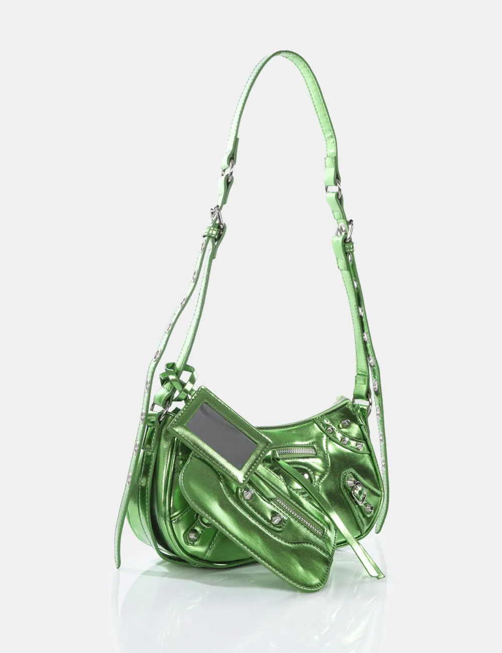 The Trackstar Lime Metallic Pu Studded Mirror Zip Detail Handbag sold by Public Desire product image thumbnail 2